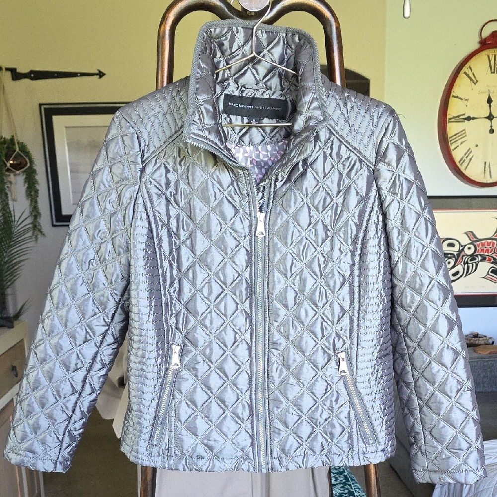 Marc Women's Silver Grey Metallic Quilted Puffer Jacket Medium